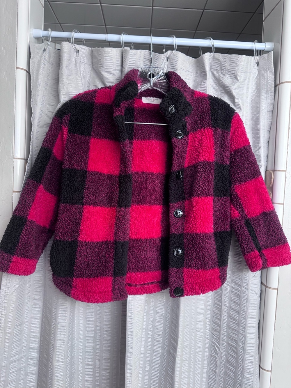 Angie Girls' Pink and Black Buffalo Plaid Sherpa Jacket size medium 7/8